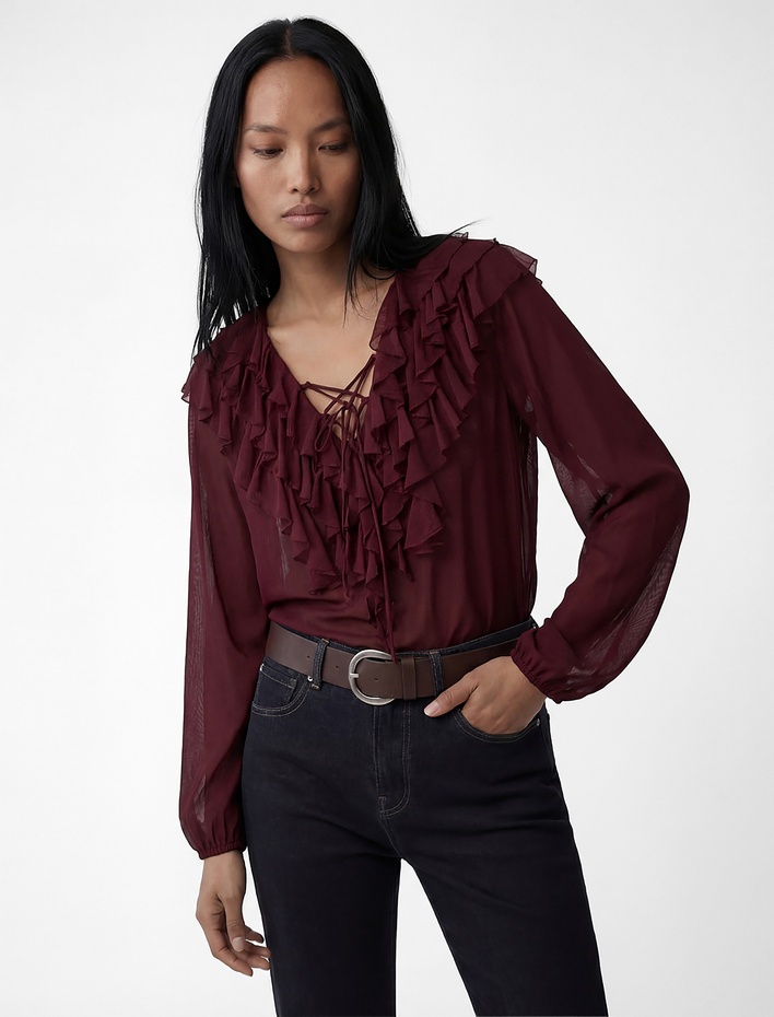  Uzun Kollu V Yaka Fırfırlı Şifon Bluz