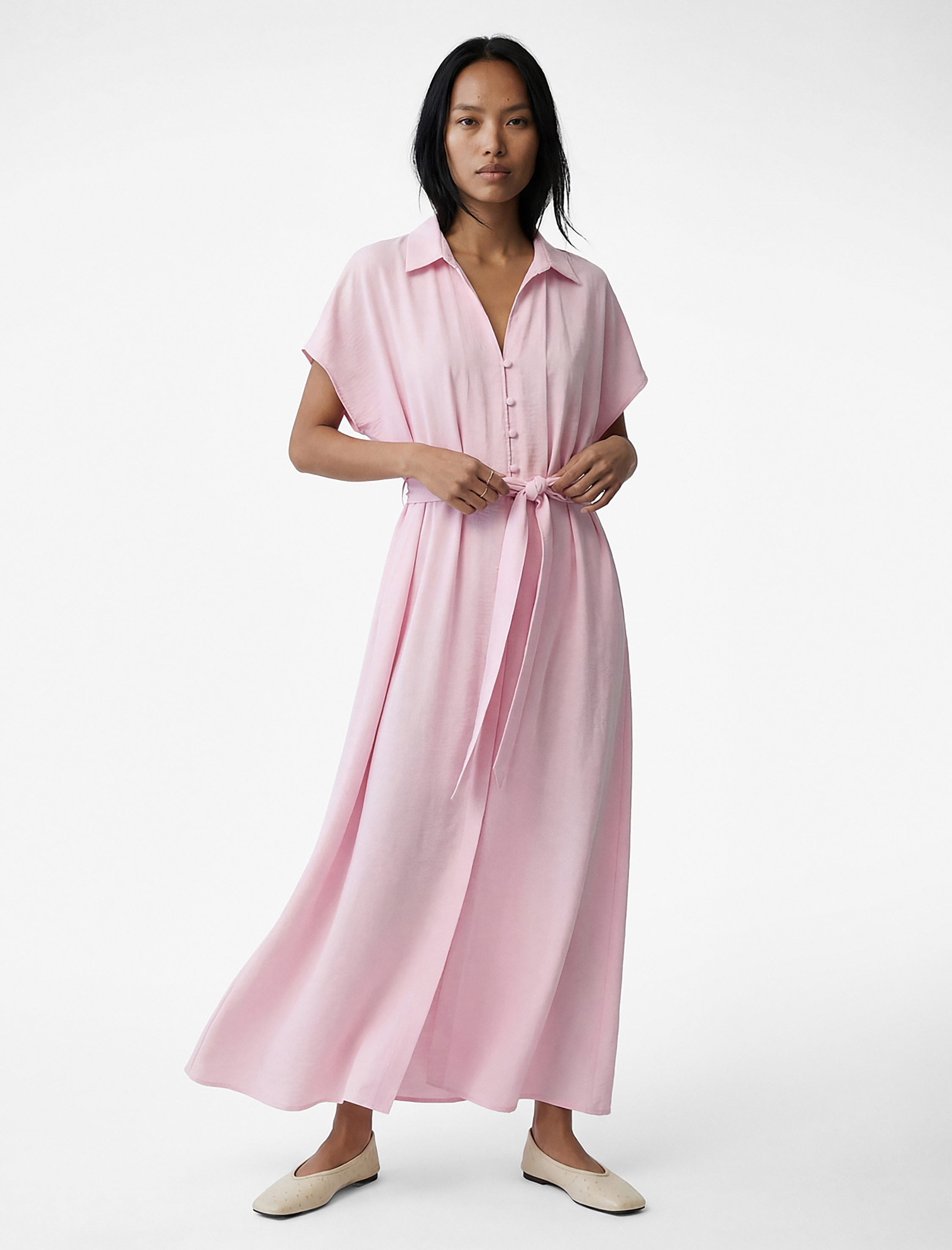   Viskon Kemerli Kolsuz Düğmeli Midi Gömlek Elbise