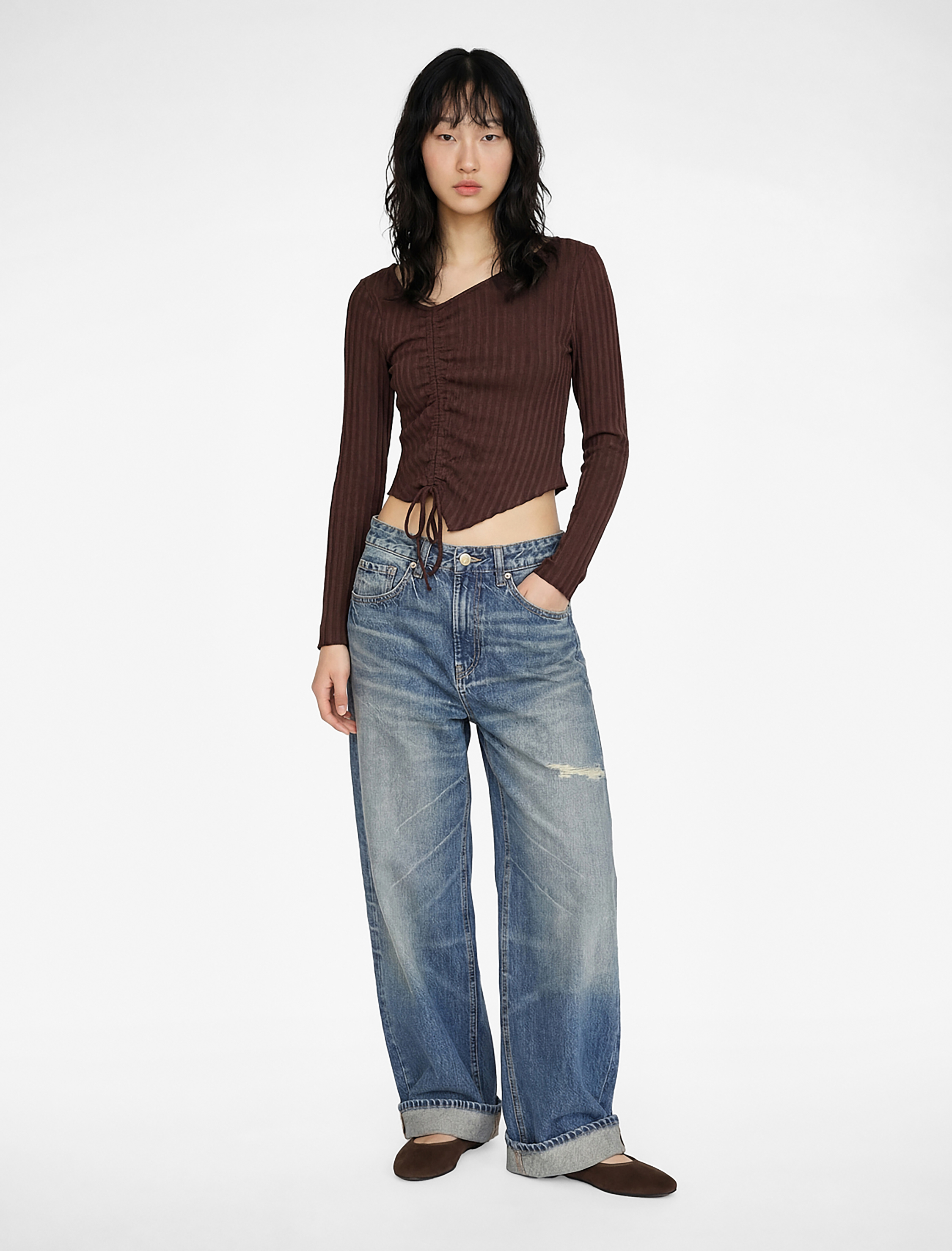   Asimetrik Yaka Büzgülü Slim Fit Uzun Kollu Tişört