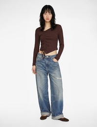 Asimetrik Yaka Büzgülü Slim Fit Uzun Kollu Tişört