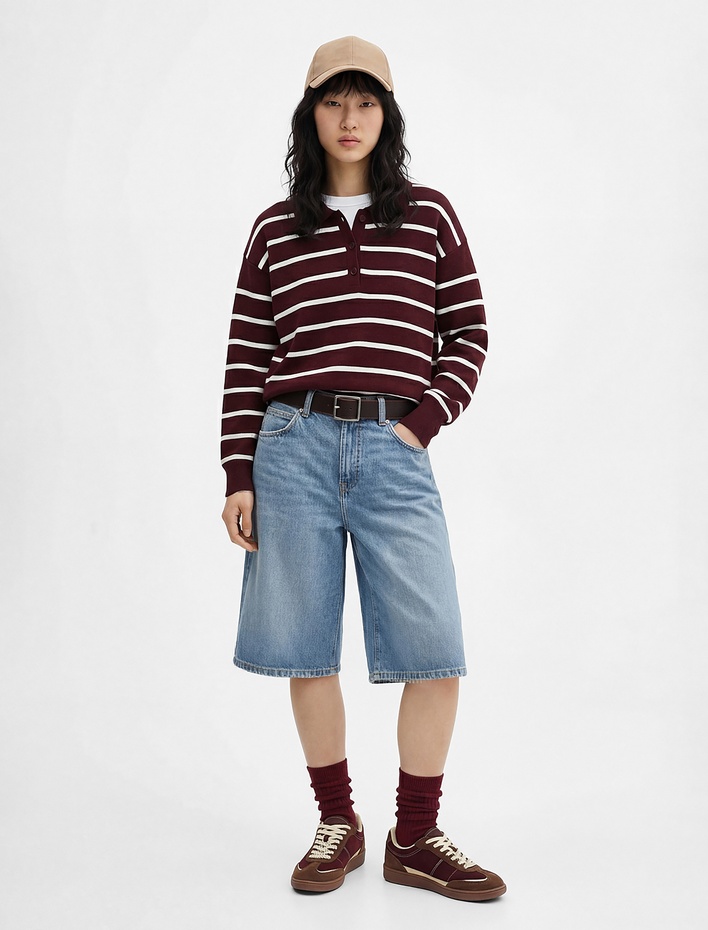  Çizgili Uzun Kollu Polo Yaka Triko Kazak