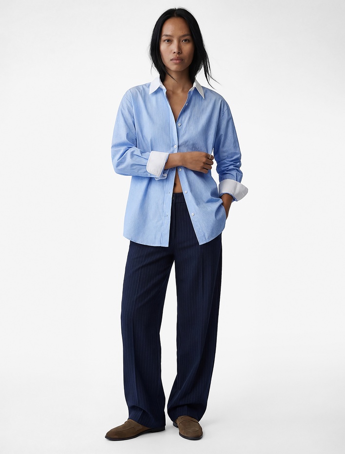  Slim Fit Yaka Detaylı Düğmeli Uzun Kollu Gömlek