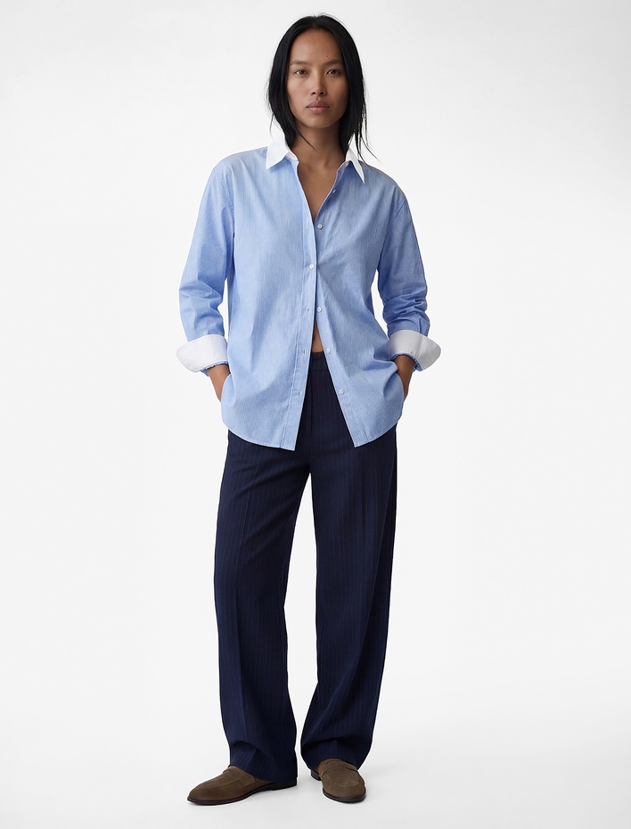  Slim Fit Yaka Detaylı Düğmeli Uzun Kollu Gömlek