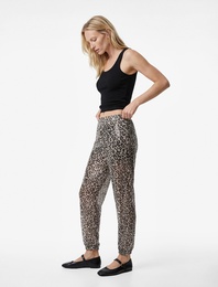 Yüksek Bel Astarlı Yarı Transparan Leopar Desenli Harem Pantolon