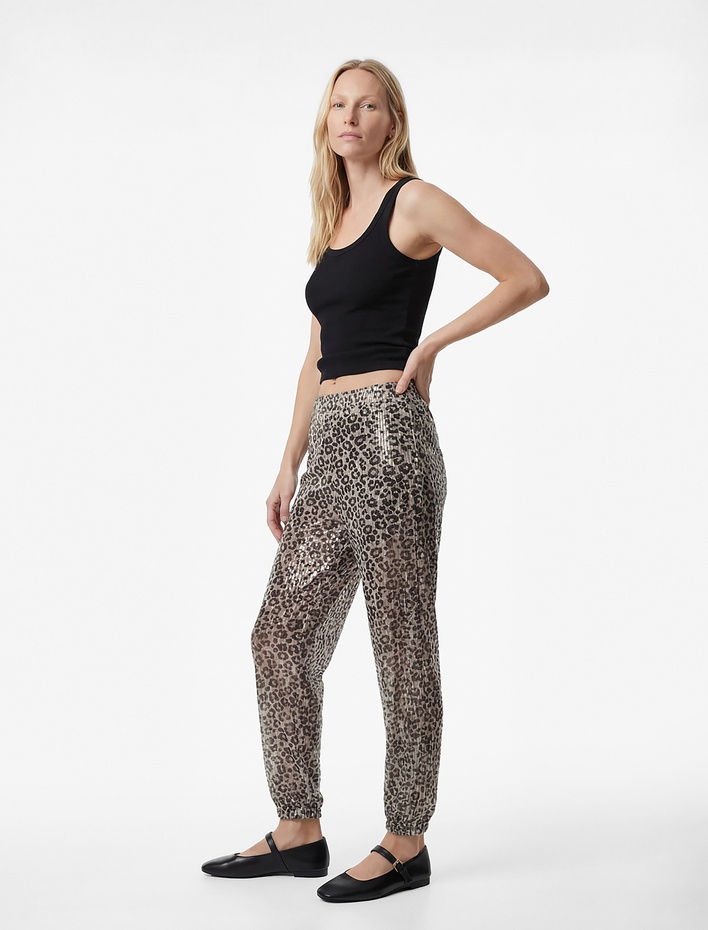  Yüksek Bel Astarlı Yarı Transparan Leopar Desenli Harem Pantolon