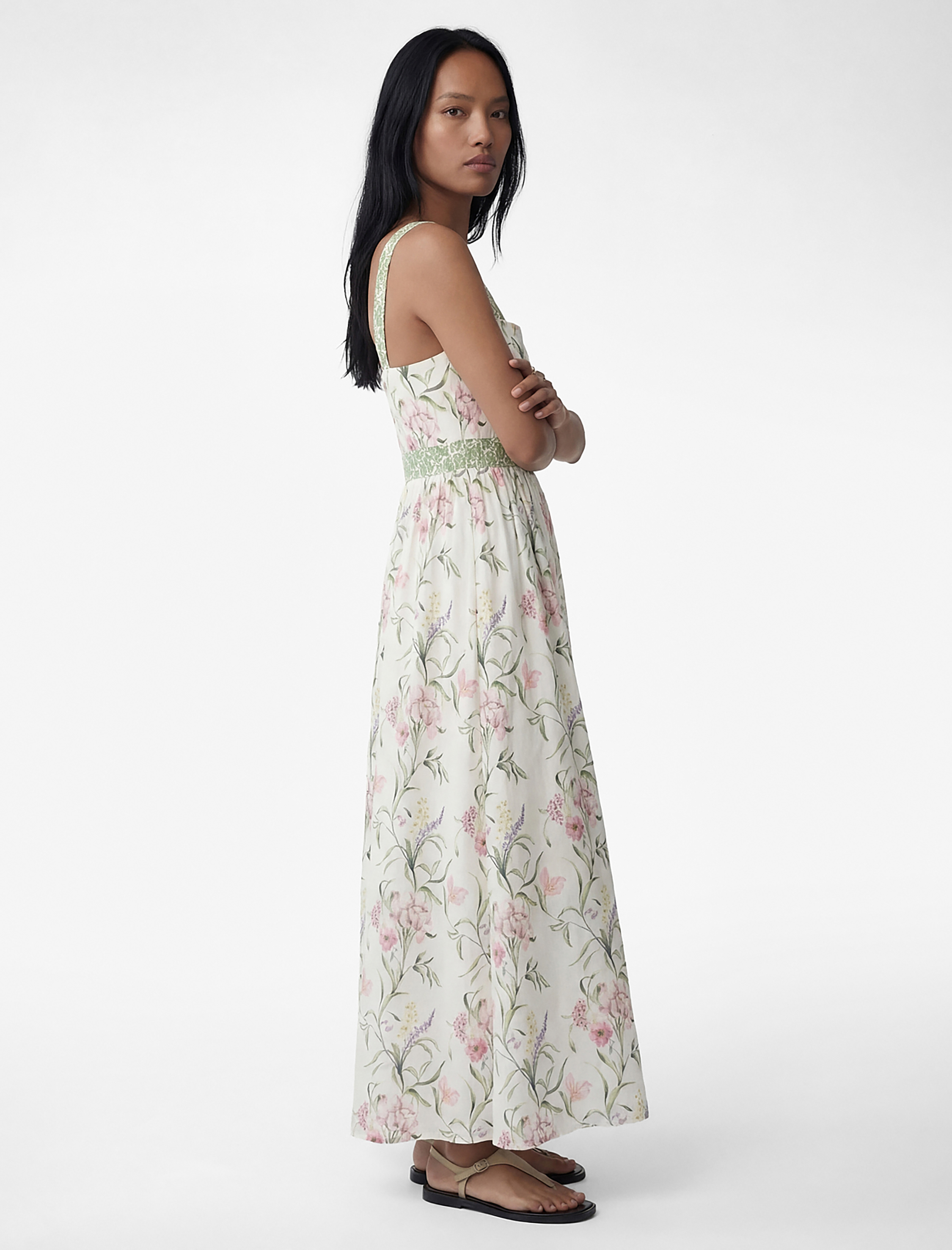   Kuşaklı Arkadan Bağlamalı Askılı Çiçekli Midi Elbise