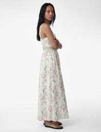 Kuşaklı Arkadan Bağlamalı Askılı Çiçekli Midi Elbise