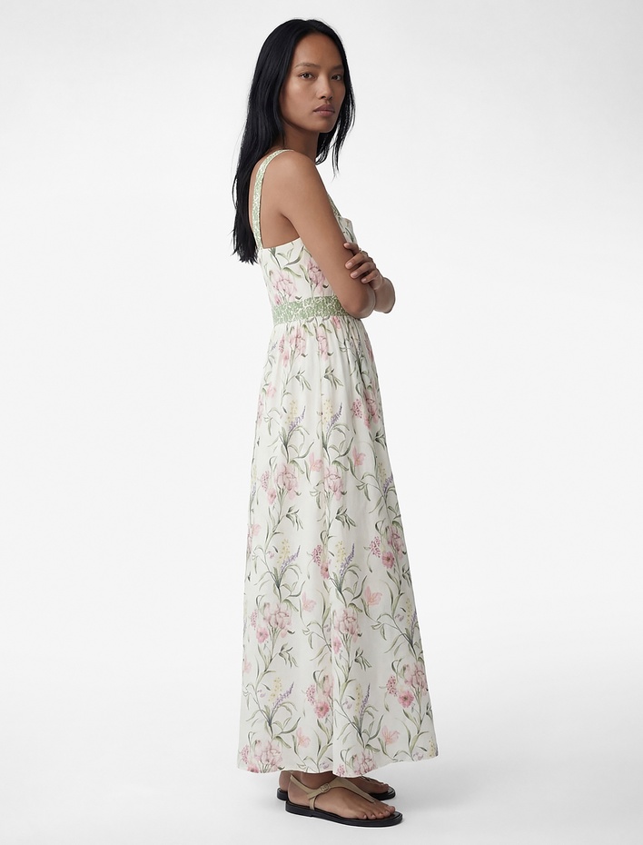  Kuşaklı Arkadan Bağlamalı Askılı Çiçekli Midi Elbise