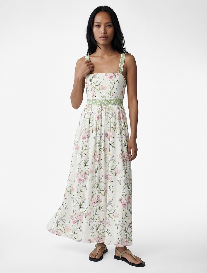  Kuşaklı Arkadan Bağlamalı Askılı Çiçekli Midi Elbise