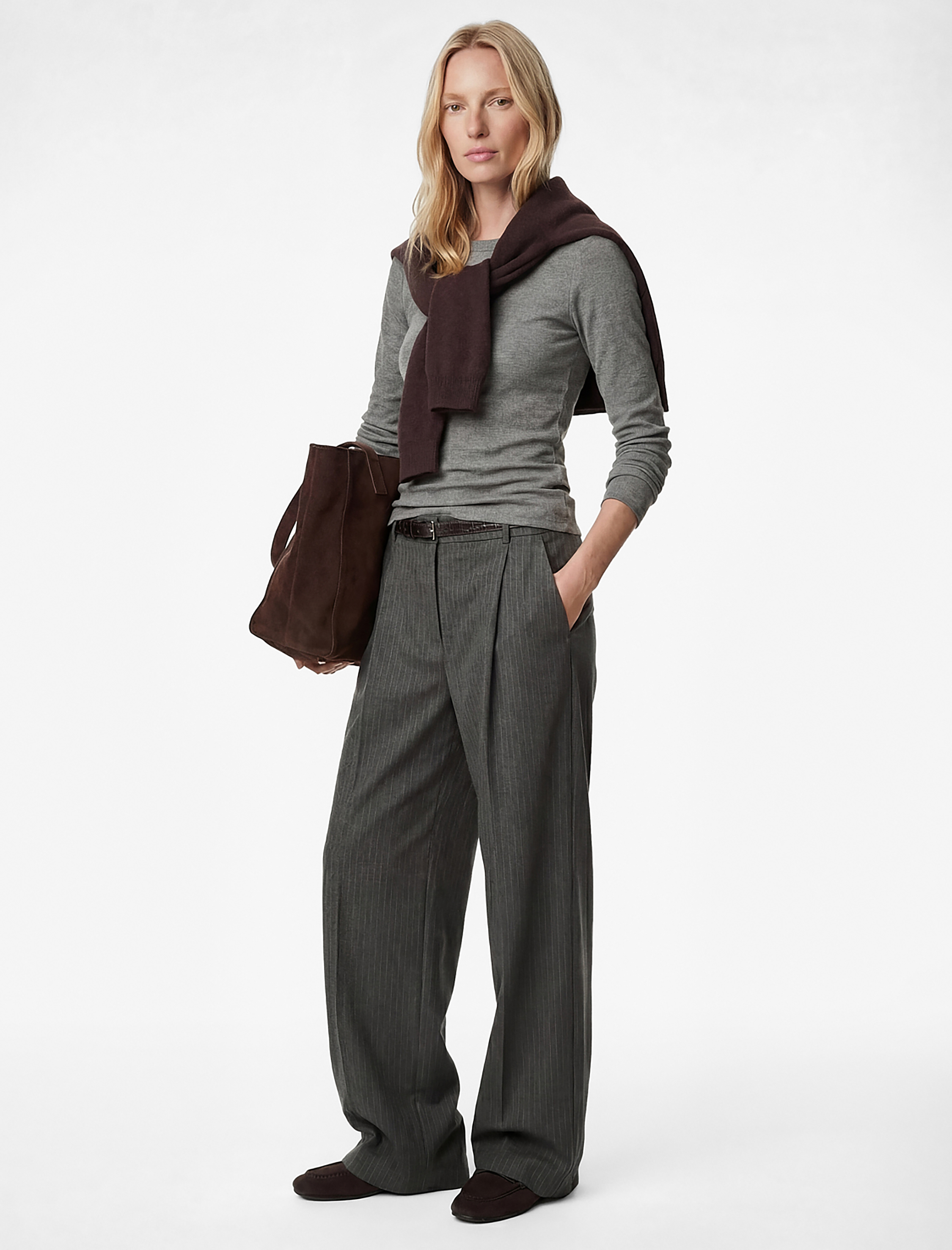   Flanel Kumaş Pile Detaylı Kemerli Çizgili Bol Paça Pantolon