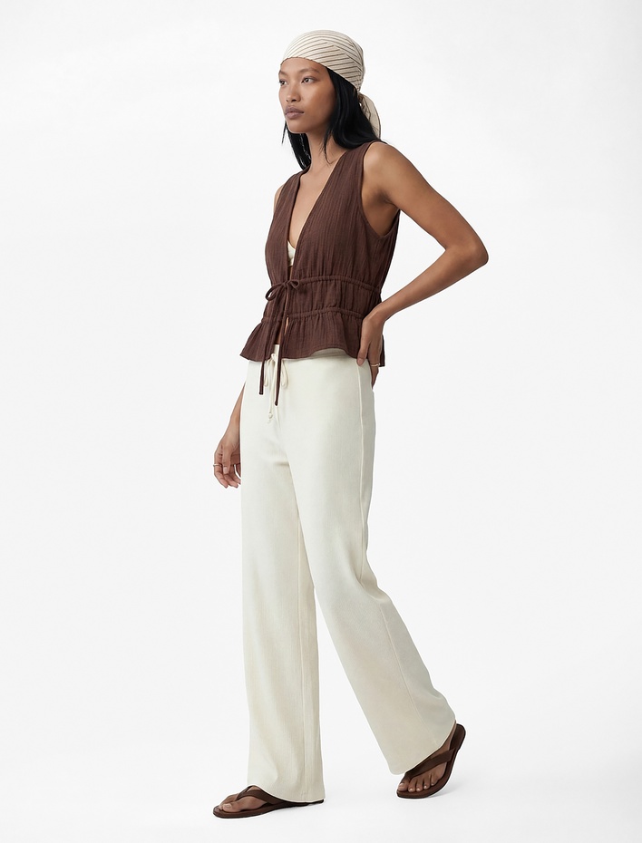  Bürümcük Kumaş Beli Bağcıklı Geniş Paça Bol Pantolon