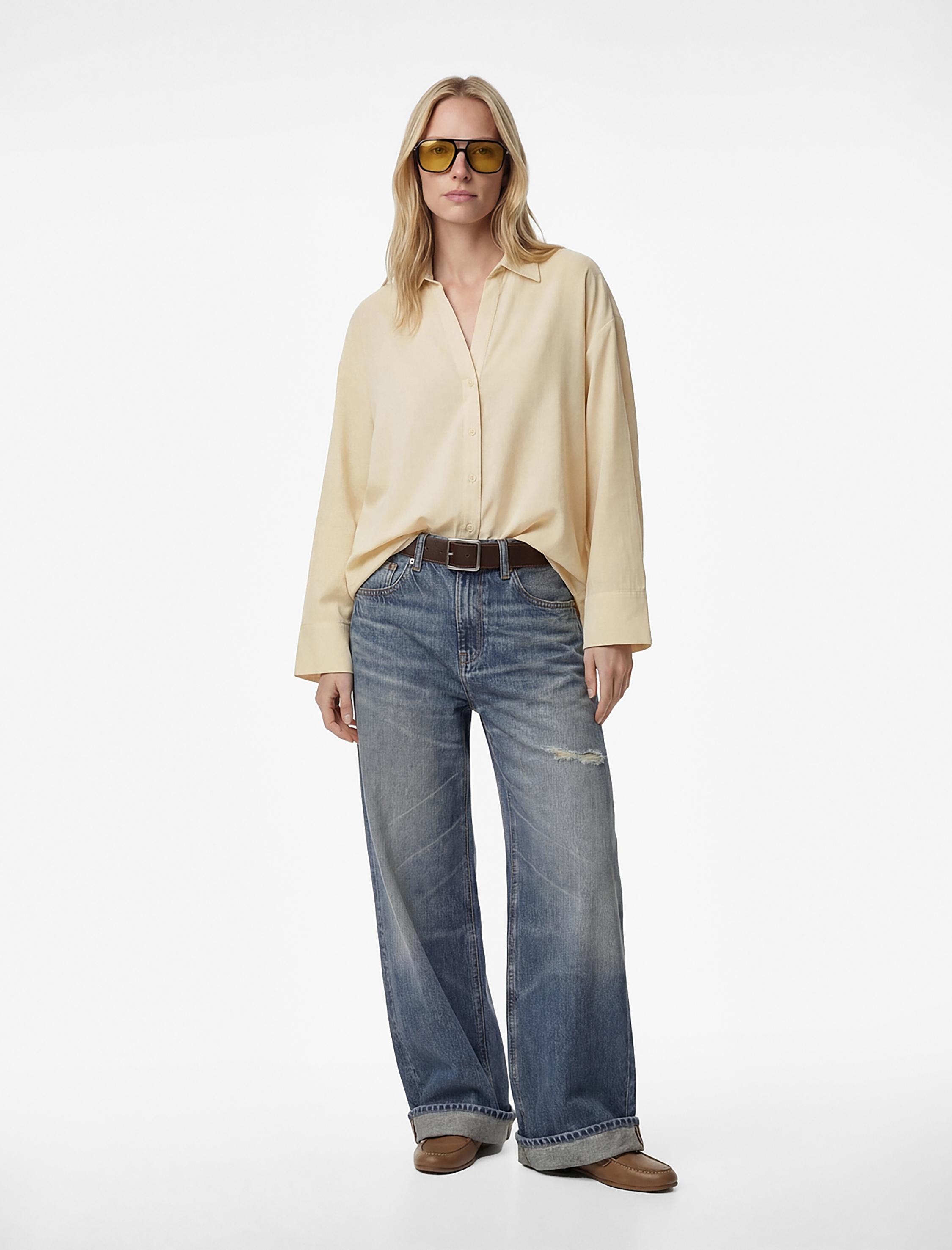   Viskon Karışımlı Klasik Yaka Uzun Geniş Kollu Oversize Gömlek