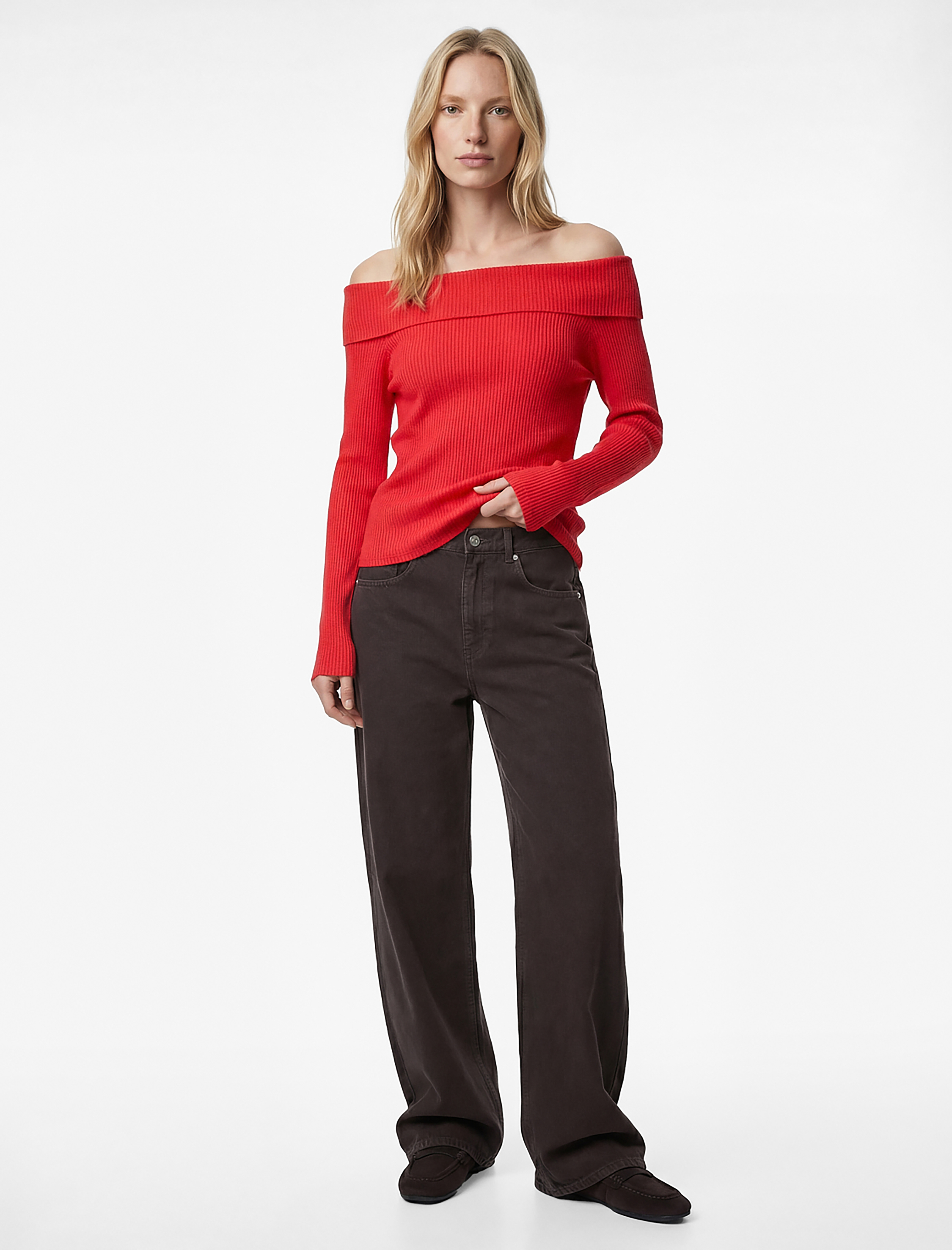   Pamuklu Uzun Kollu Omzu Açık Madonna Yaka Tişört