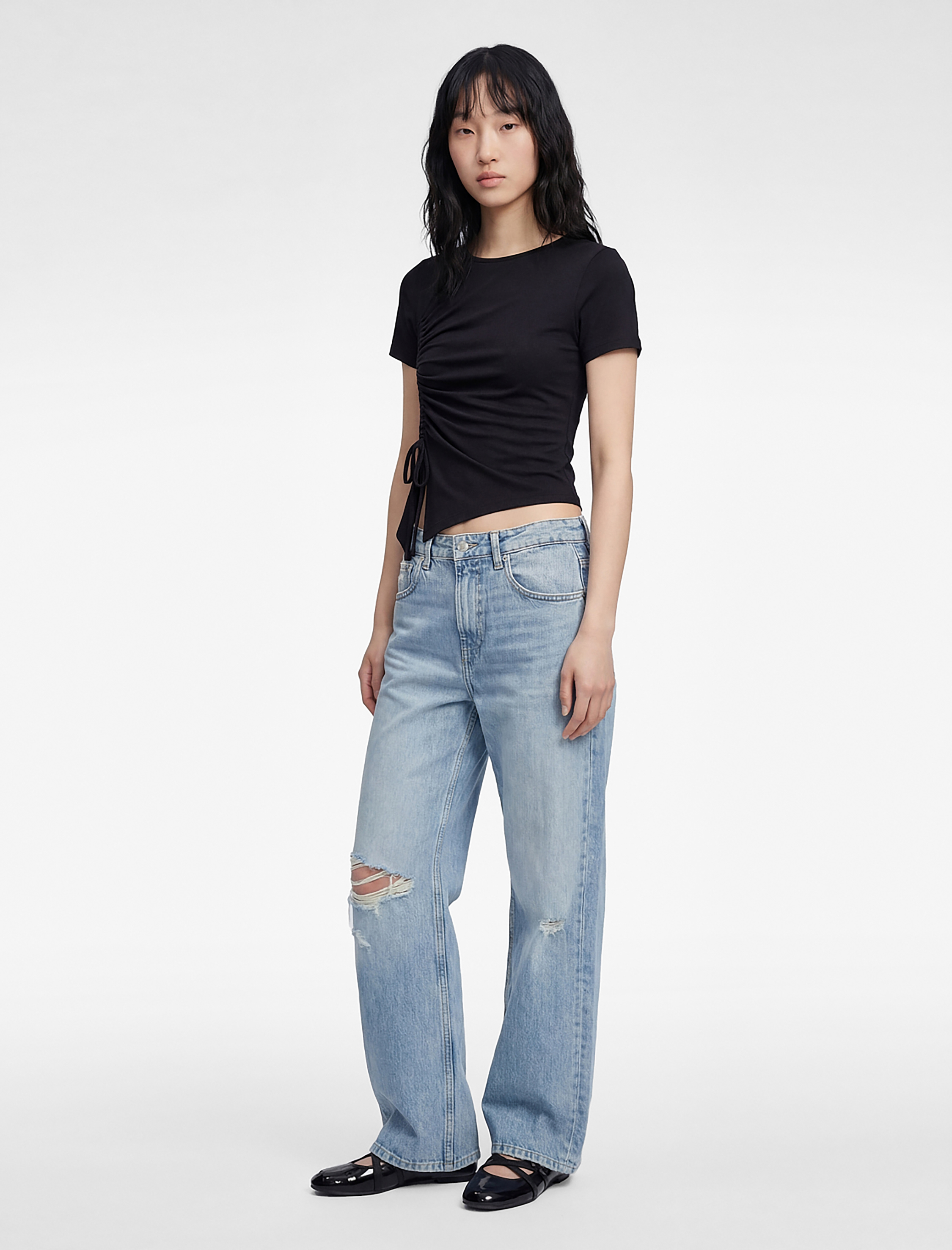   Regular Fit Kısa Kollu Bisiklet Yaka Büzgülü Tişört