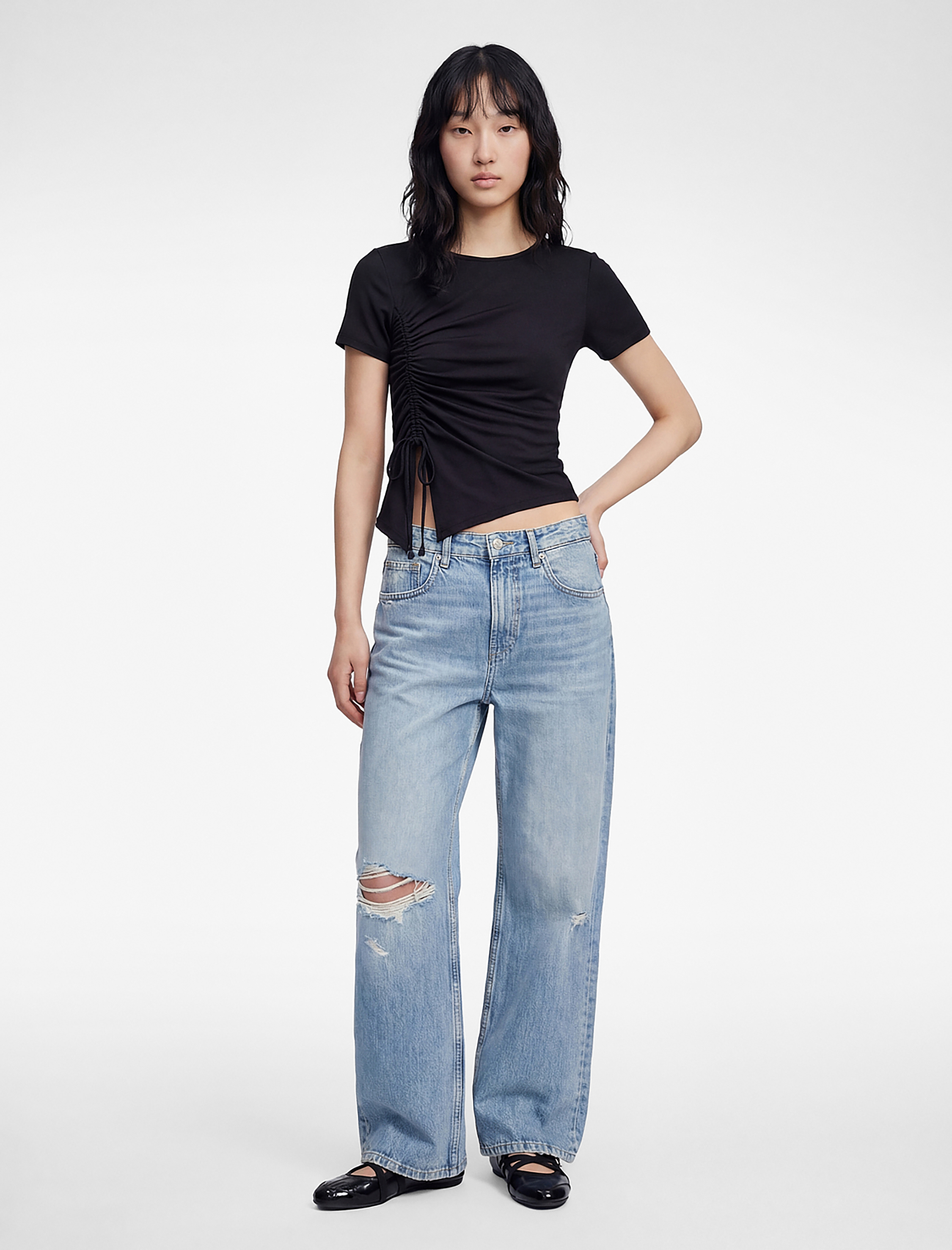   Regular Fit Kısa Kollu Bisiklet Yaka Büzgülü Tişört