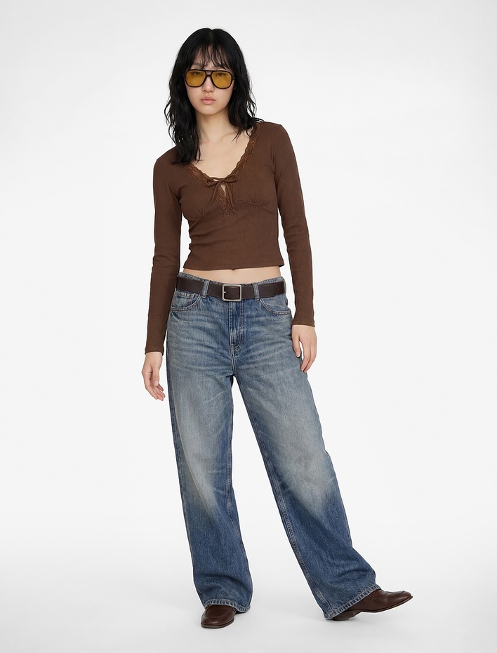  Dantel Detaylı Bağlamalı V Yaka Slim Fit Pamuklu Uzun Kollu Tişört