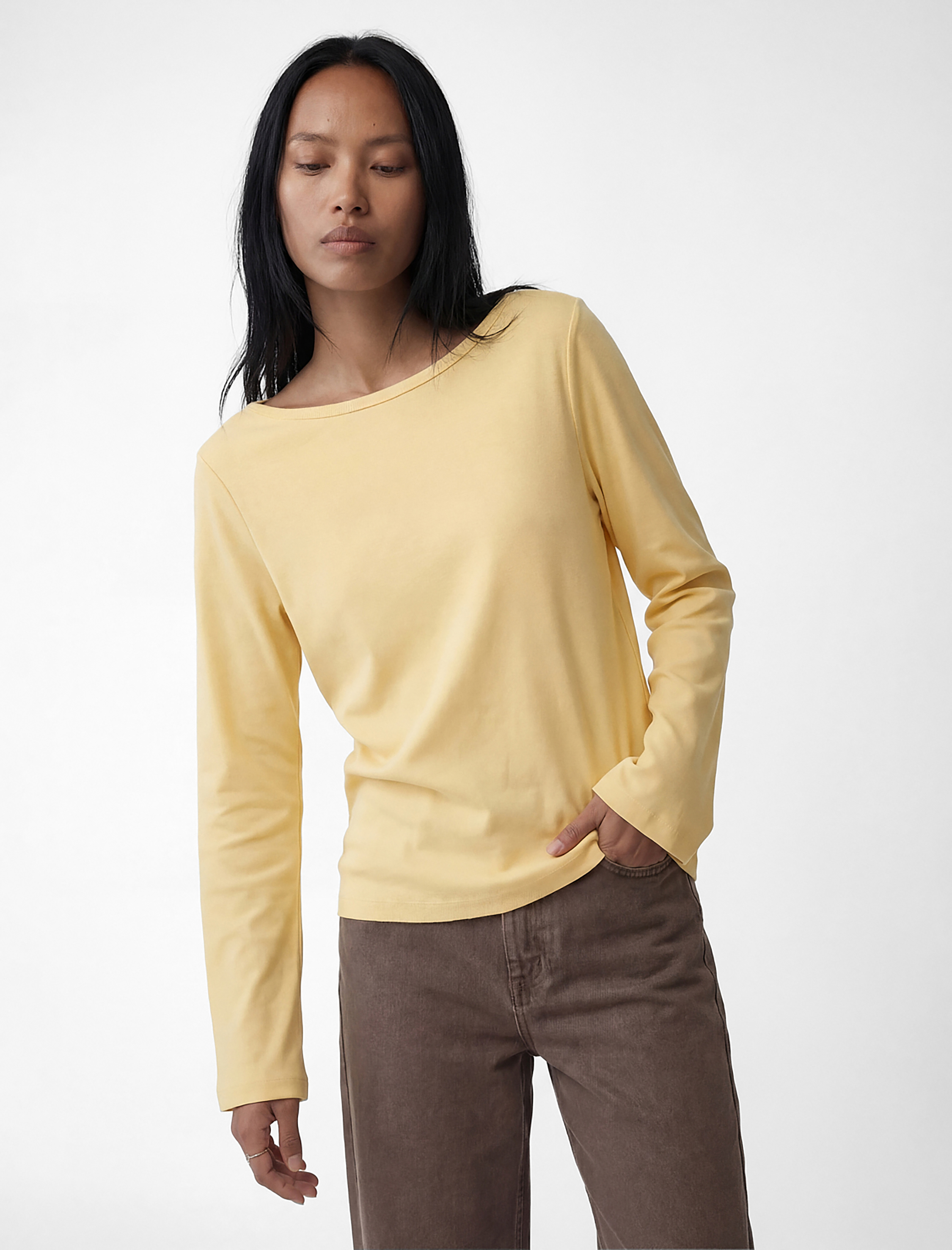   Pamuklu Kayık Yaka Uzun İspanyol Kollu Bluz