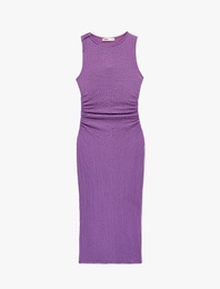 Bürümcük Kumaş Drapeli Kayık Yaka Kolsuz Slim Fit Uzun Kalem Elbise