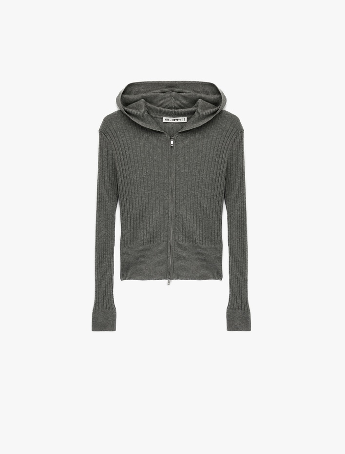  Fermuarlı Kapüşonlu Uzun Kollu Slim Fit Viskon Hırka