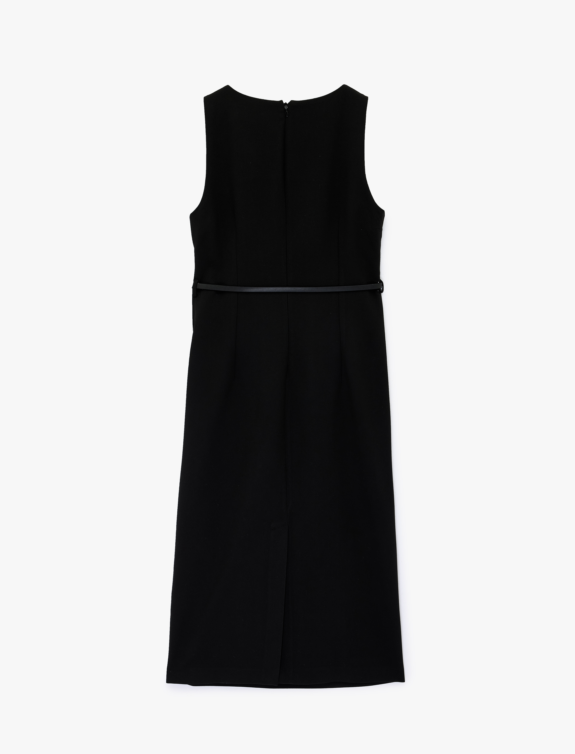   Kemer Detaylı A Kesim Slim Fit Kolsuz Bisiklet Yaka Midi Elbise