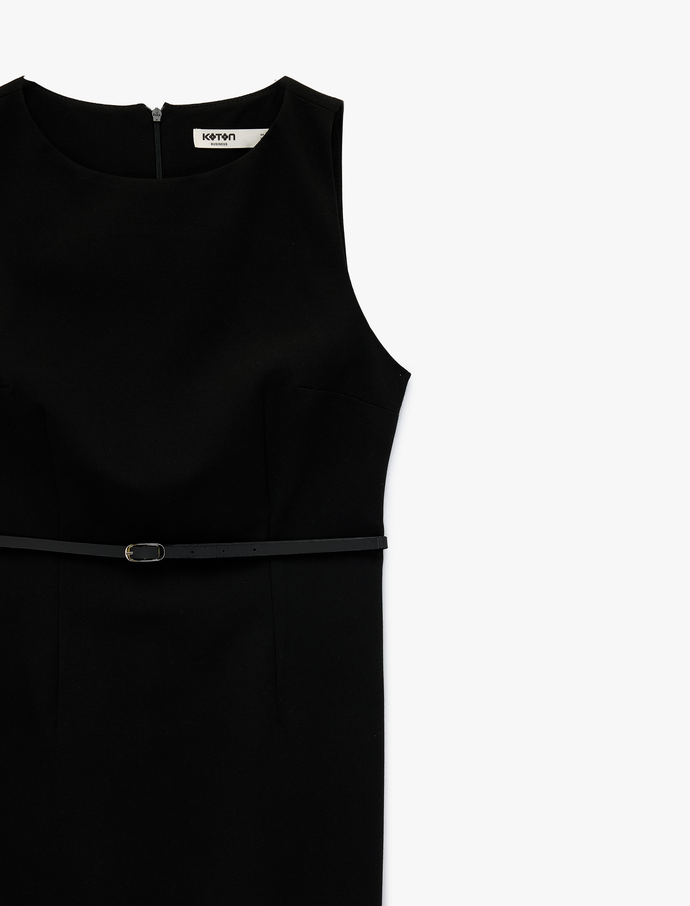   Kemer Detaylı A Kesim Slim Fit Kolsuz Bisiklet Yaka Midi Elbise