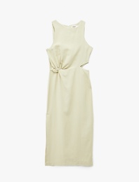 Keten Görünümlü Slim Fit Bisiklet Yaka Kolsuz Pencere Detaylı Midi Elbise