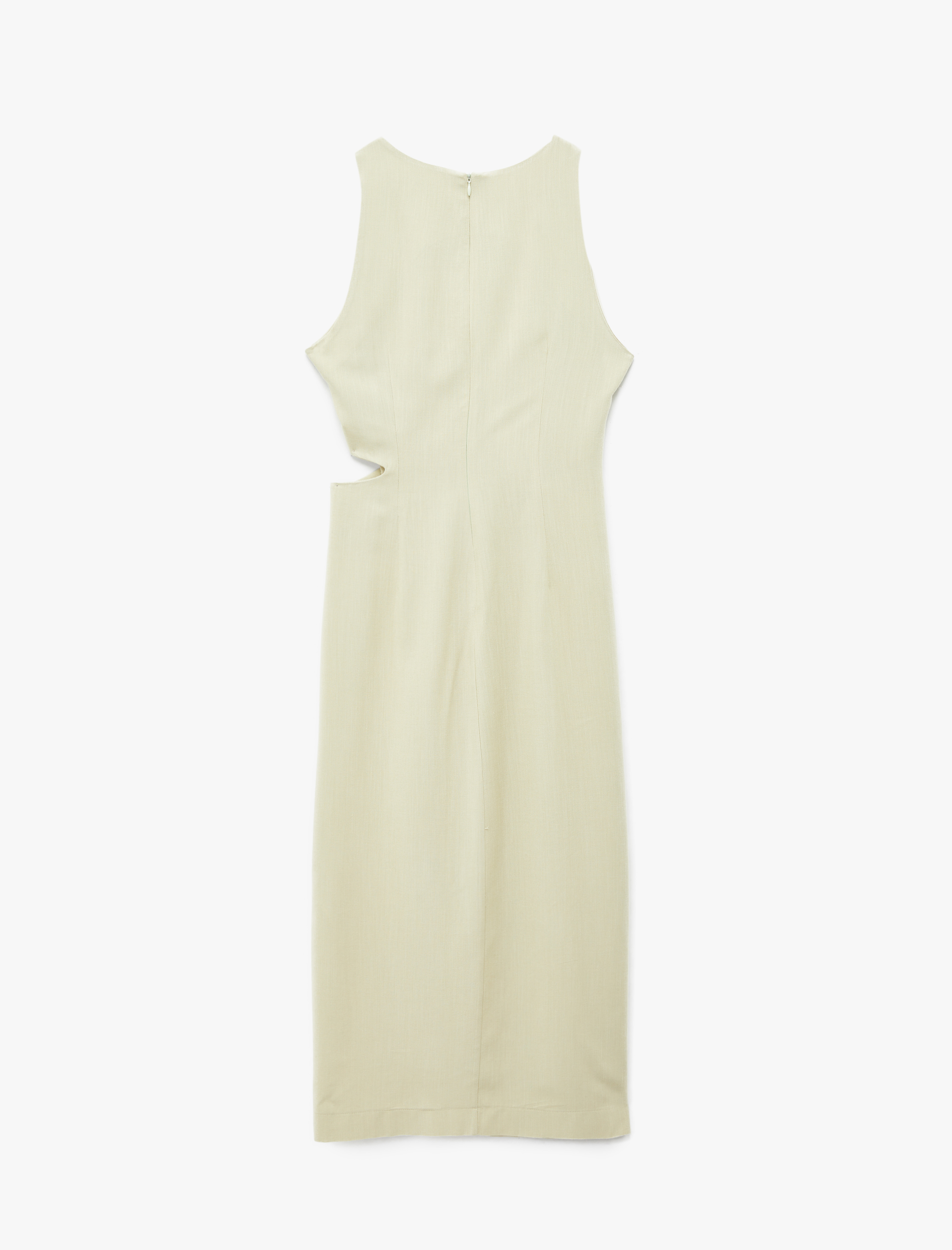   Keten Görünümlü Slim Fit Bisiklet Yaka Kolsuz Pencere Detaylı Midi Elbise