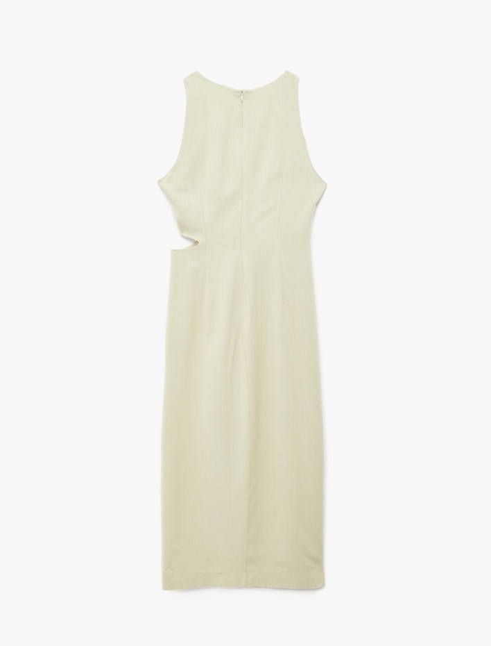  Keten Görünümlü Slim Fit Bisiklet Yaka Kolsuz Pencere Detaylı Midi Elbise