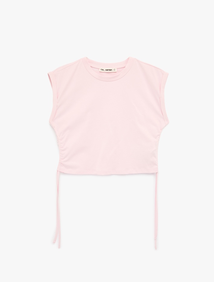  Pamuklu Kolsuz Bisiklet Yaka Büzgülü Crop Bluz