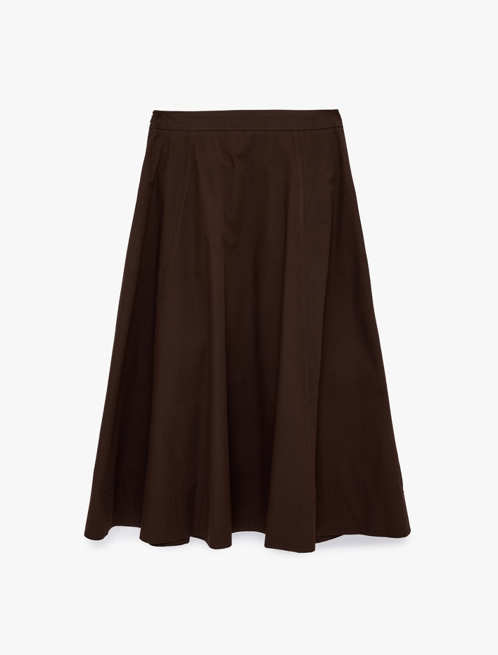  Pamuklu Cepli Pile Detaylı Çan Kesim Midi Poplin Etek