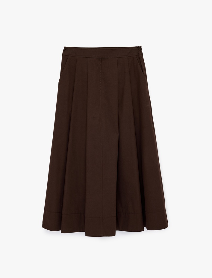  Pamuklu Cepli Pile Detaylı Çan Kesim Midi Poplin Etek