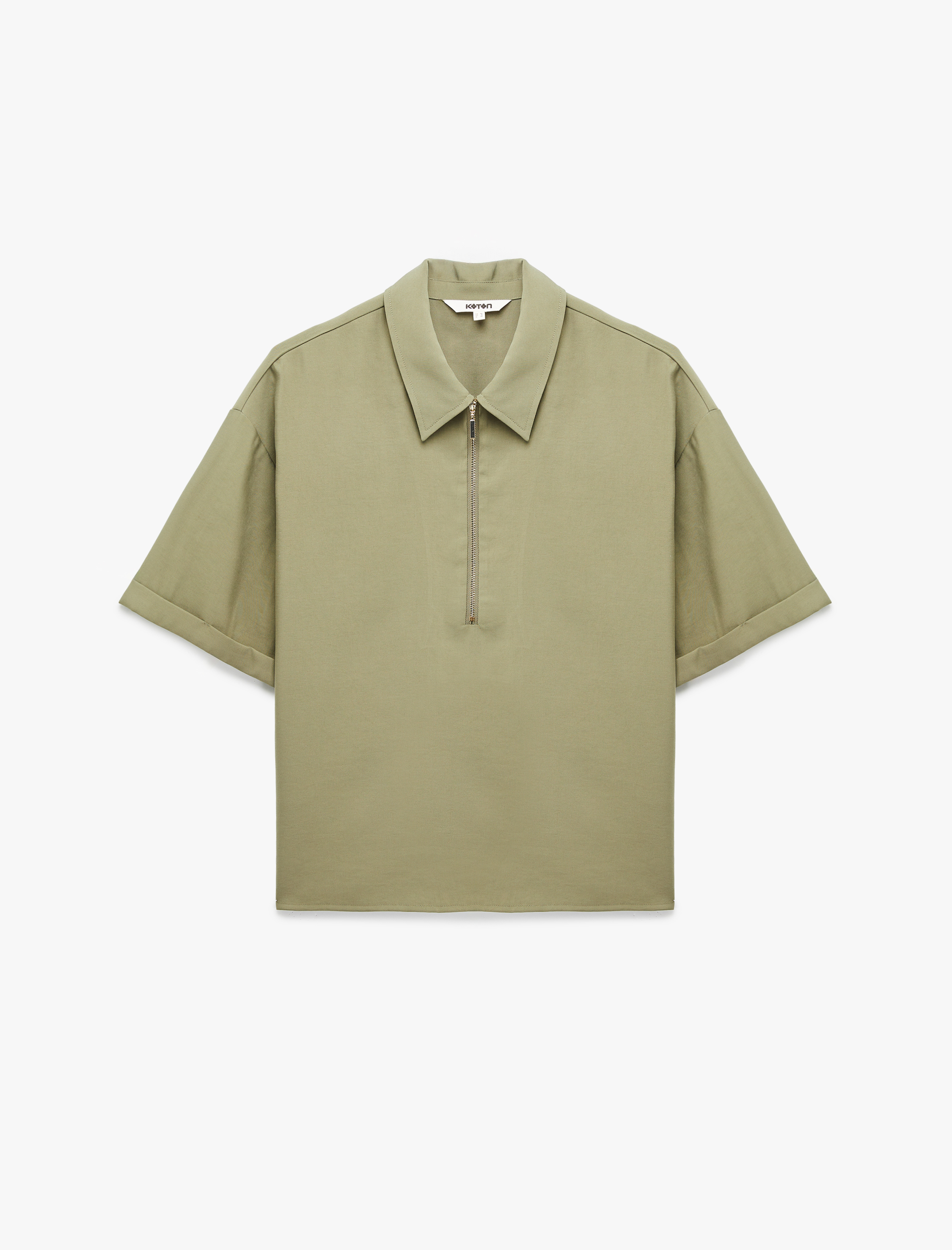   Cupro Kumaş Gömlek Yaka Yarım Fermuarlı Kısa Kollu Oversize Bluz