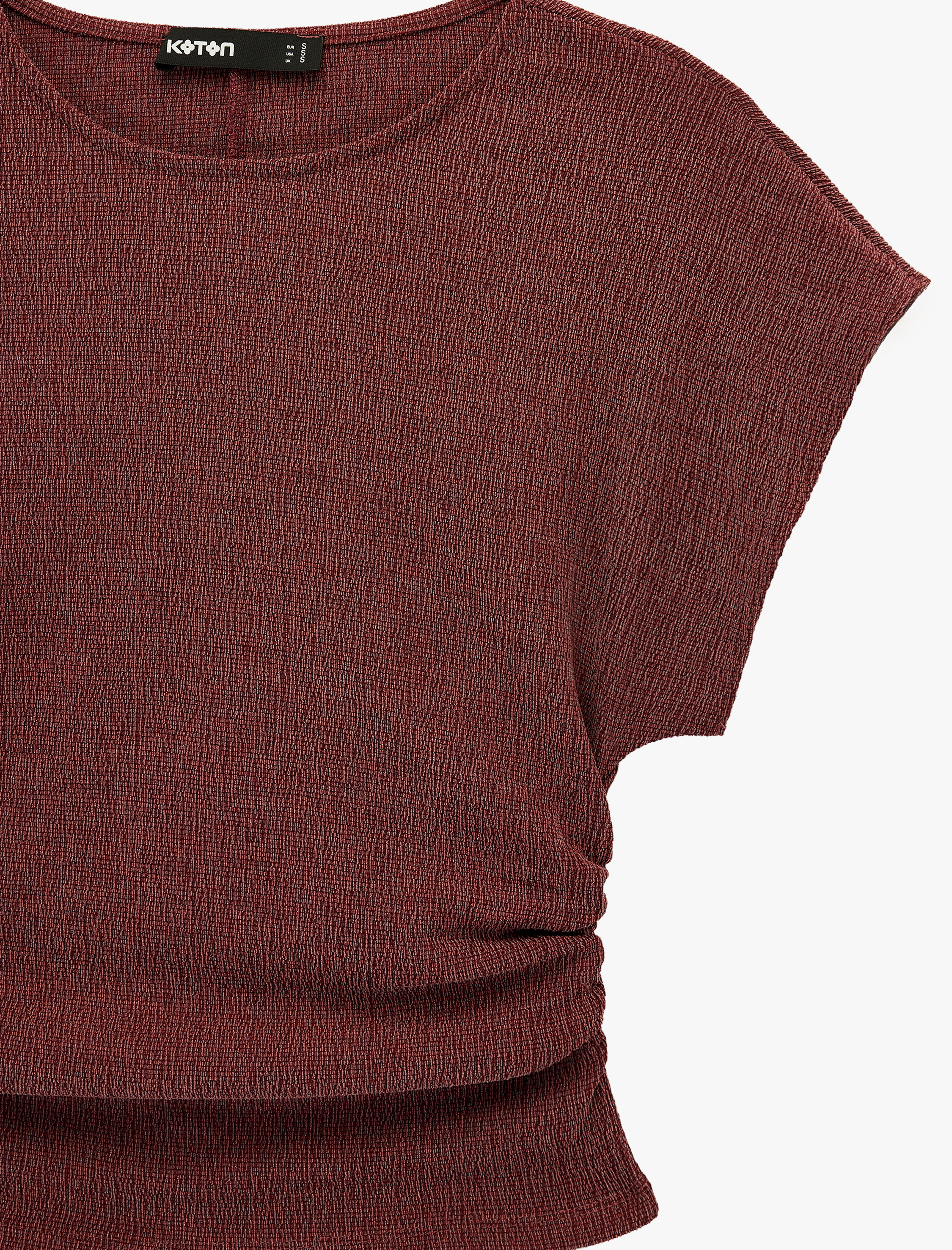   Bürümcük Kumaş Slim Fit Kısa Kollu Bisiklet Yaka Drapeli Dokulu Tişört