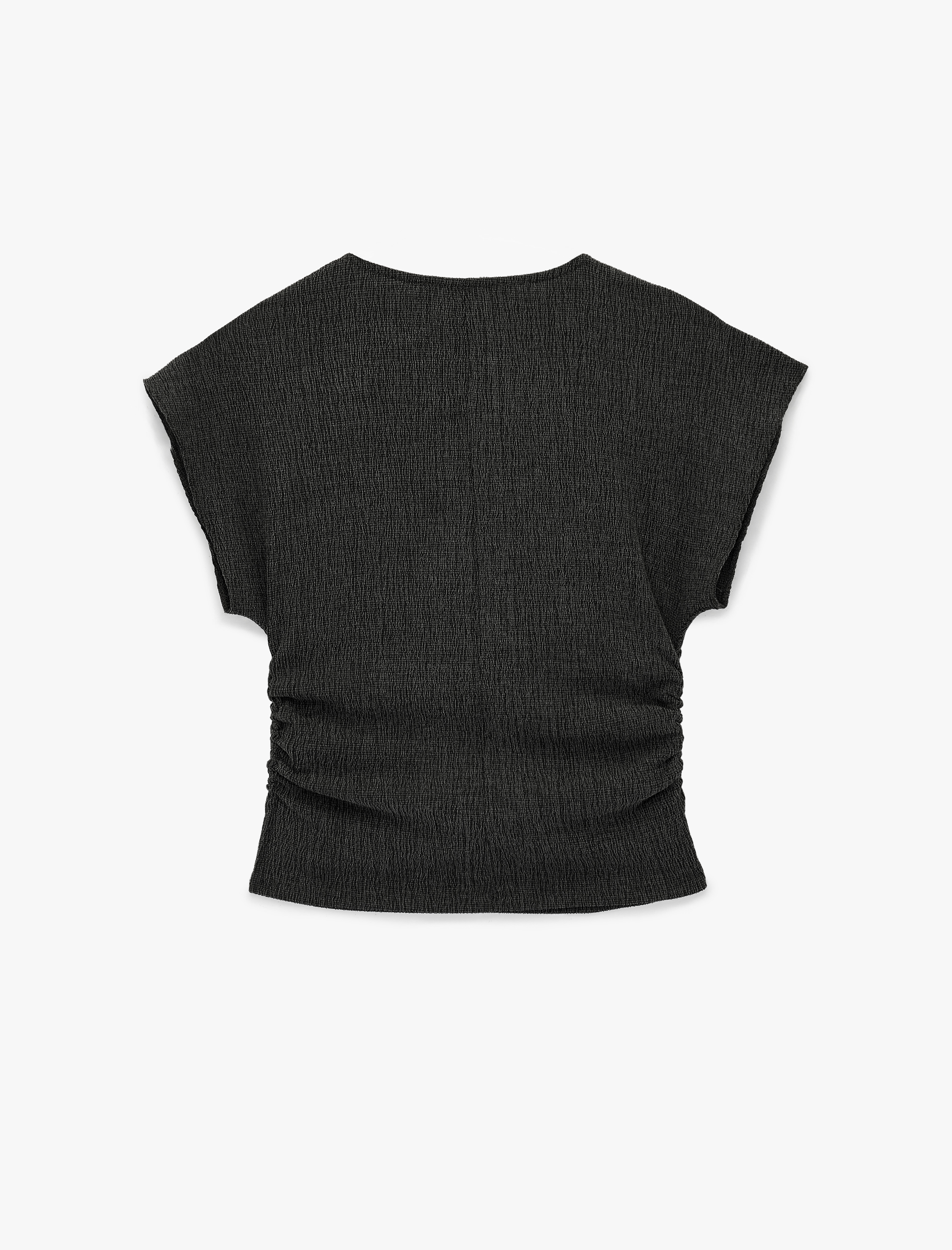   Bürümcük Kumaş Slim Fit Kısa Kollu Bisiklet Yaka Drapeli Dokulu Tişört