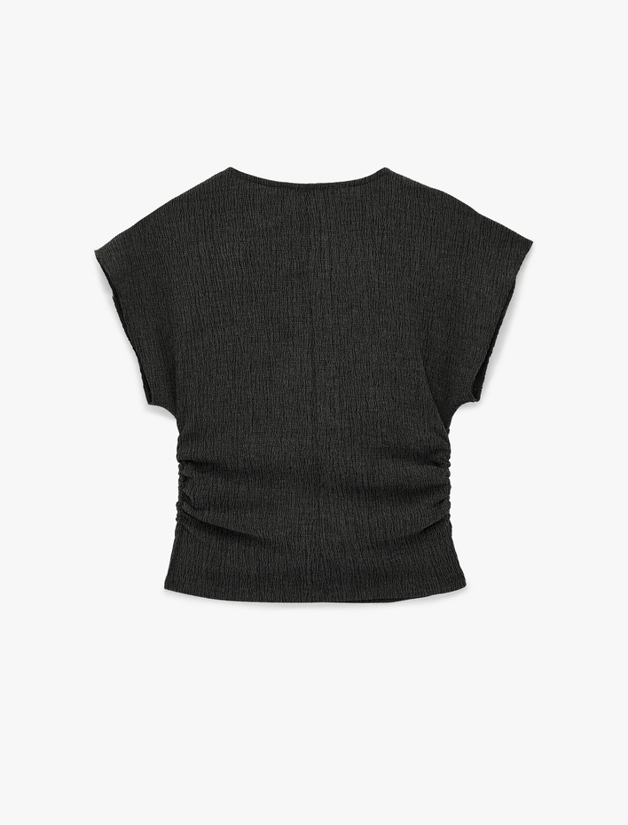  Bürümcük Kumaş Slim Fit Kısa Kollu Bisiklet Yaka Drapeli Dokulu Tişört