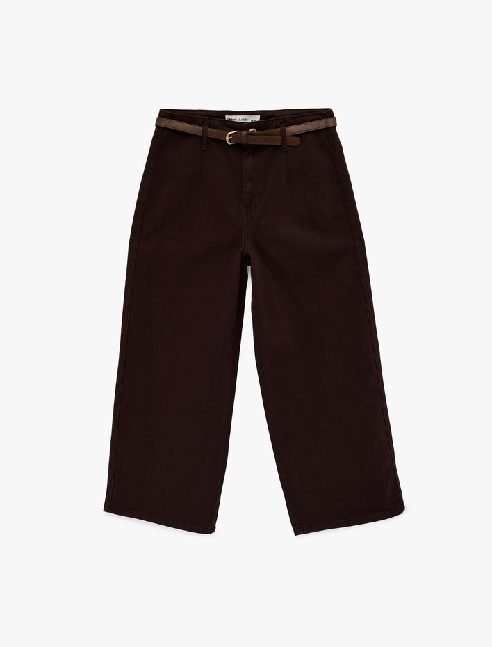  Kemer Detaylı Pamuklu Kısa Geniş Paça Pantolon - Wide Leg Jeans