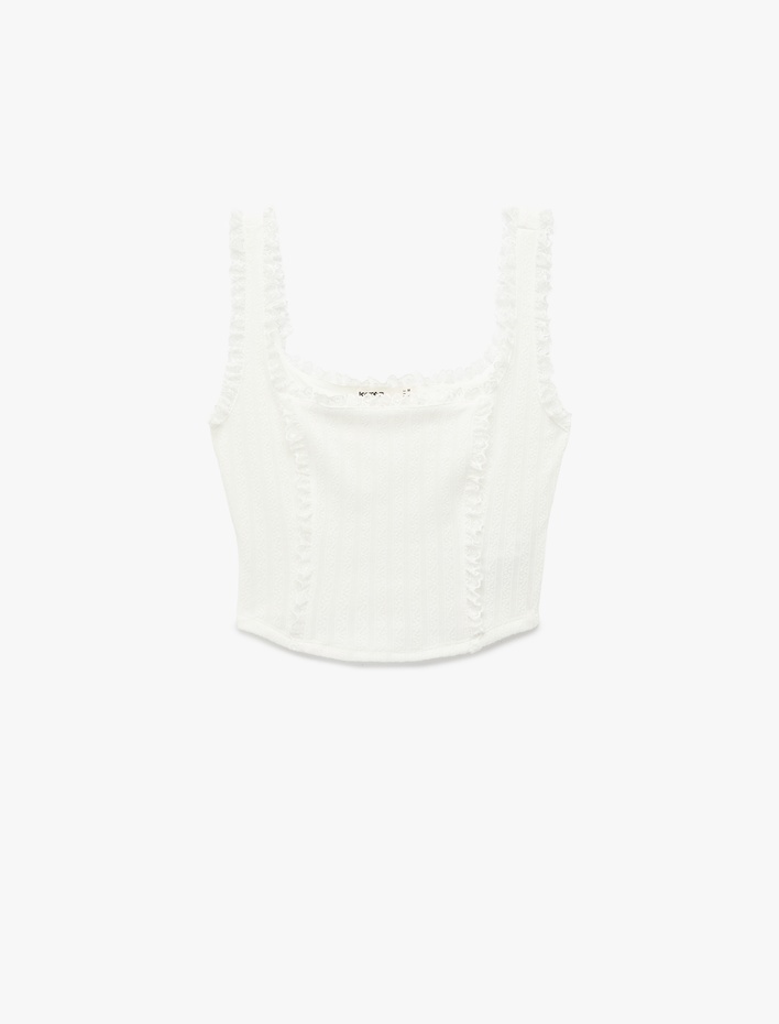  Pamuklu Dantel Detaylı Kolsuz U Yaka Fırfırlı Crop Top