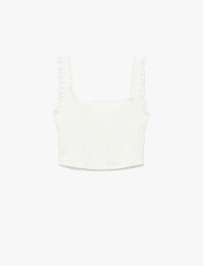  Pamuklu Dantel Detaylı Kolsuz U Yaka Fırfırlı Crop Top