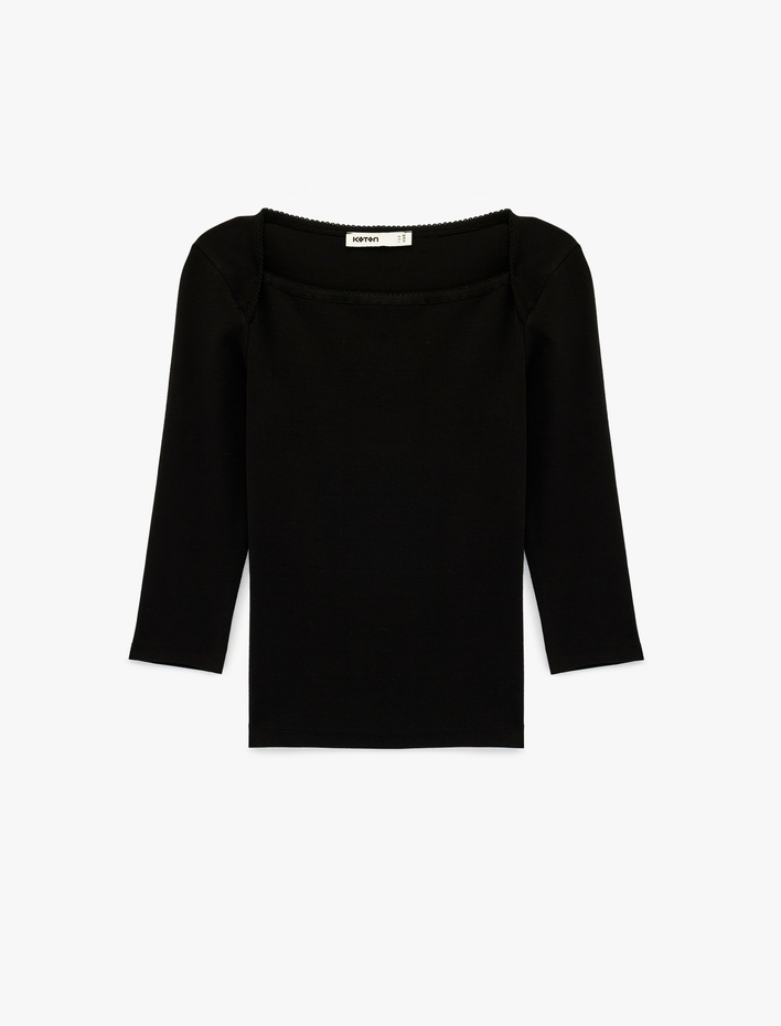  Pamuklu Slim Fit Uzun Kollu Kare Yaka Bluz