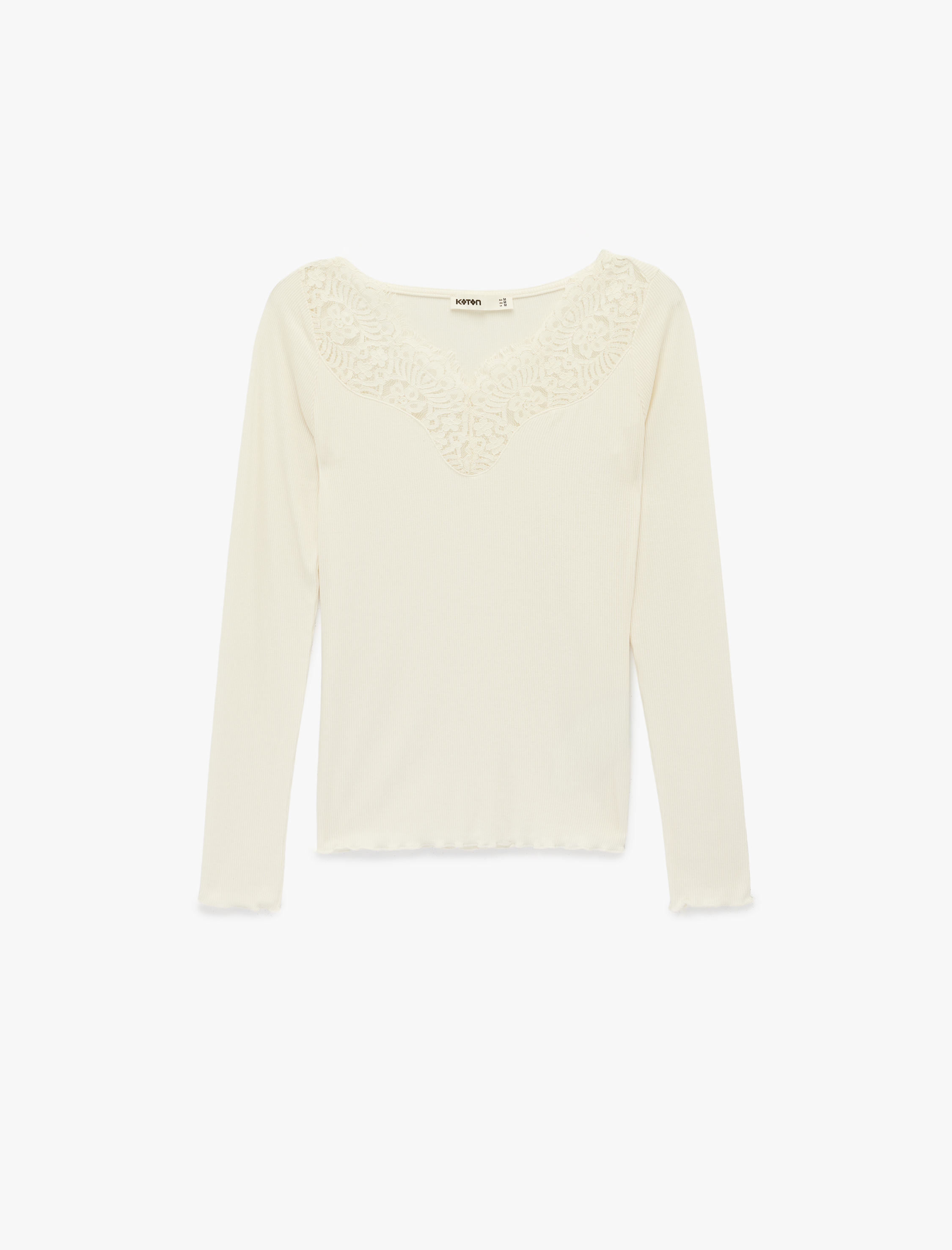   Viskon Slim Fit Uzun Kollu V Yaka Dantel Detaylı Tişört