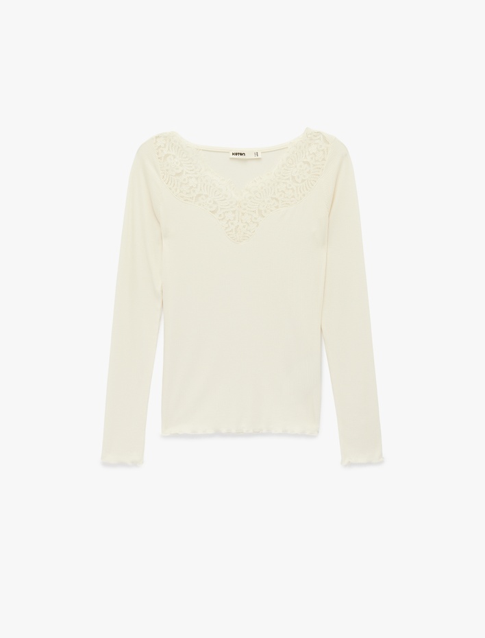  Viskon Slim Fit Uzun Kollu V Yaka Dantel Detaylı Tişört