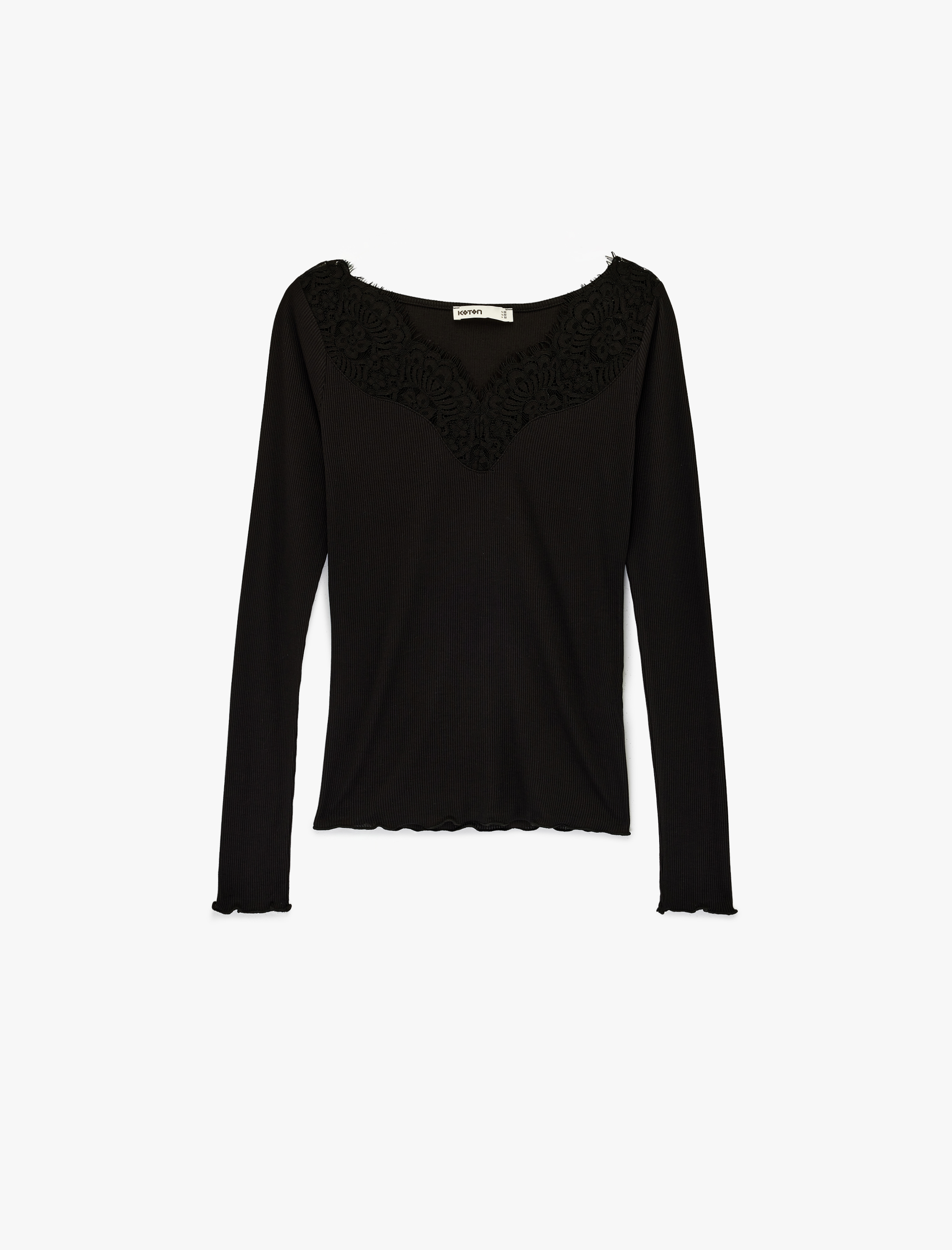   Viskon Slim Fit Uzun Kollu V Yaka Dantel Detaylı Tişört