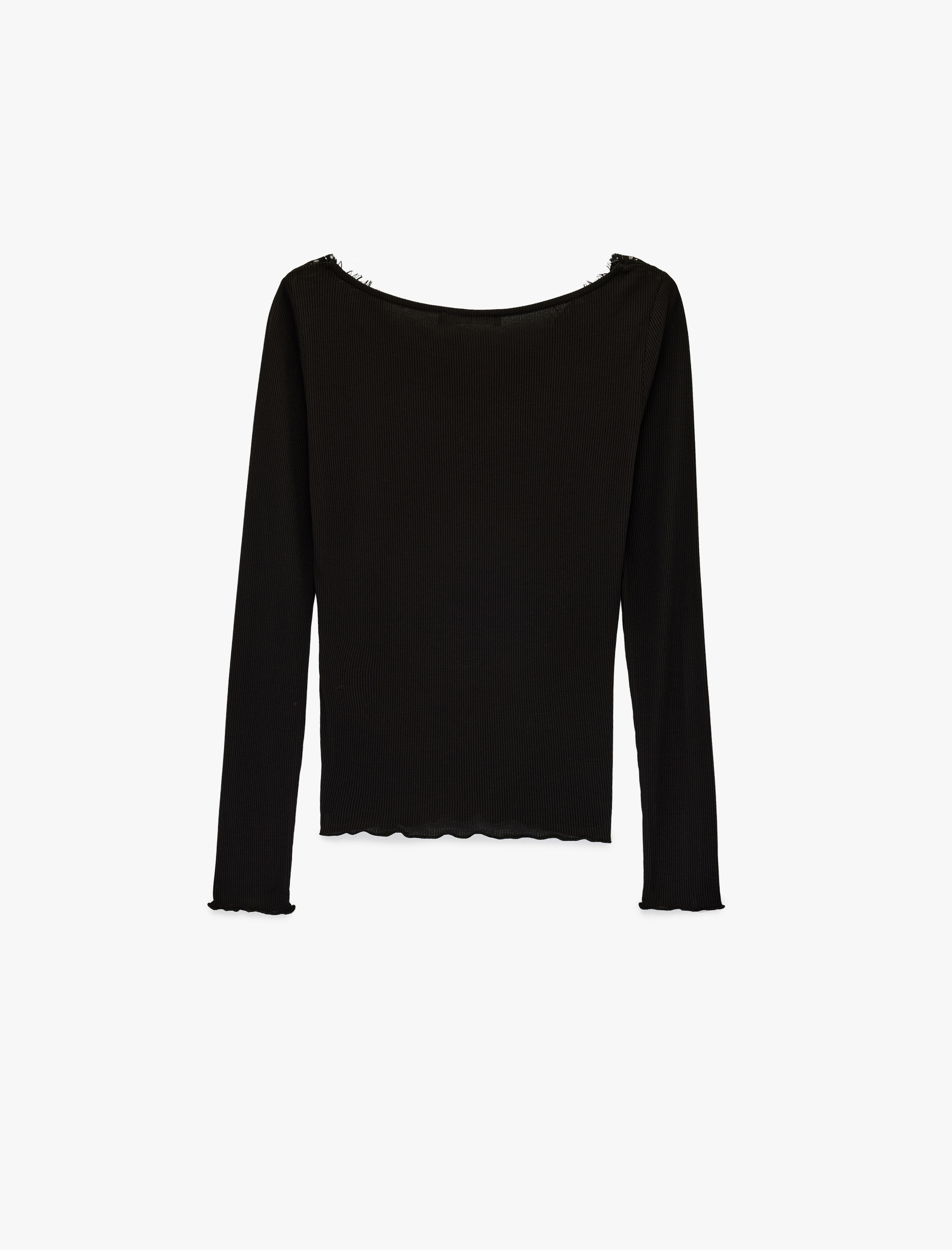   Viskon Slim Fit Uzun Kollu V Yaka Dantel Detaylı Tişört