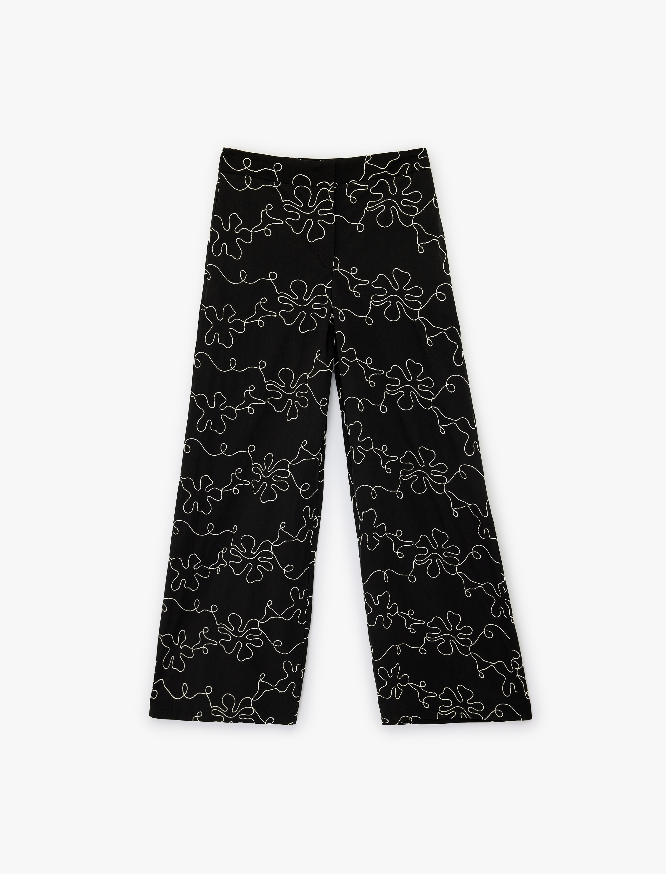   Pamuklu Cepli Yüksek Bel Geniş Paça Çiçekli Poplin Pantolon