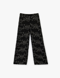 Pamuklu Cepli Yüksek Bel Geniş Paça Çiçekli Poplin Pantolon