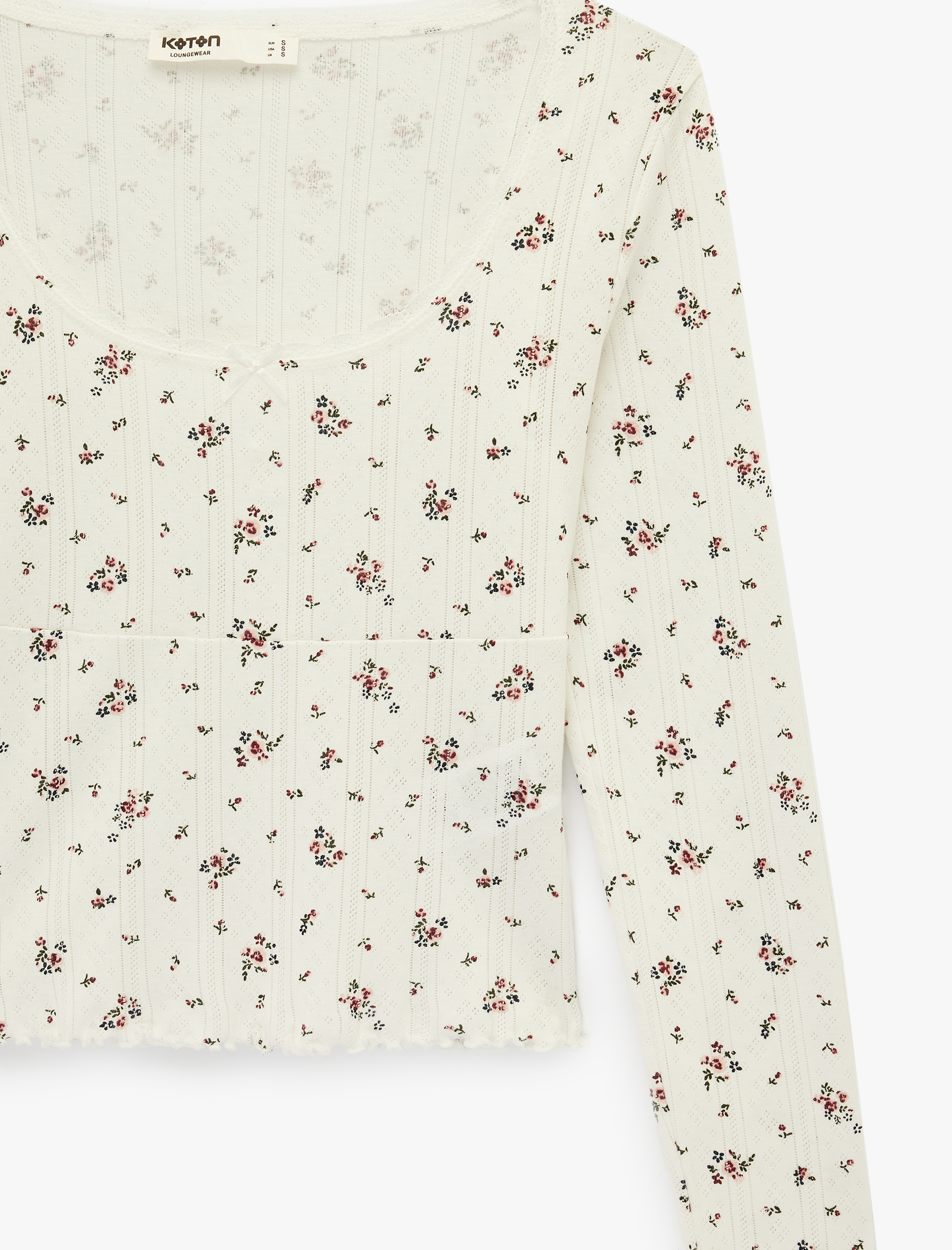   Uzun Kollu Slim Fit Kare Yaka Pamuklu Çiçekli Örme Crop Pijama Üstü