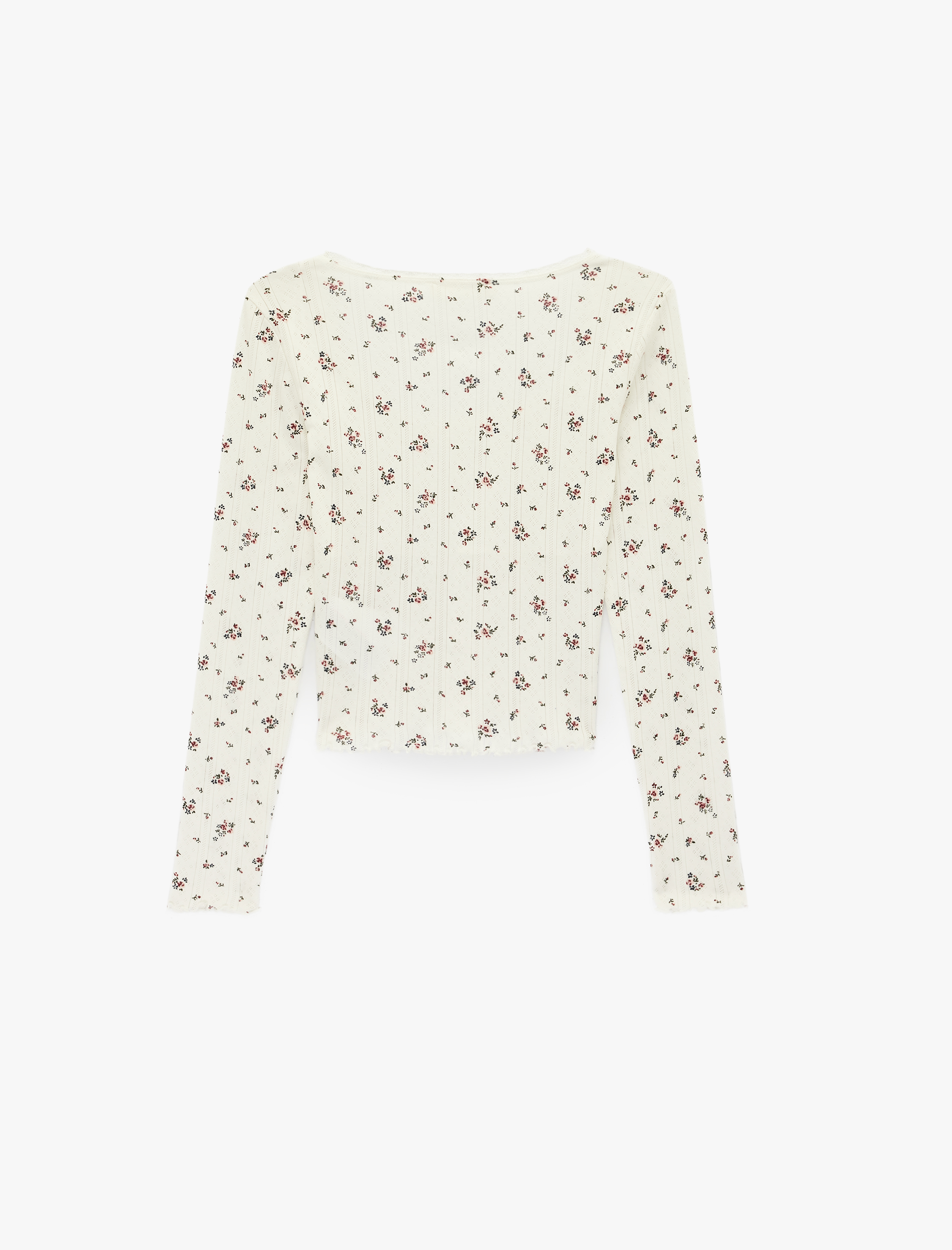   Uzun Kollu Slim Fit Kare Yaka Pamuklu Çiçekli Örme Crop Pijama Üstü