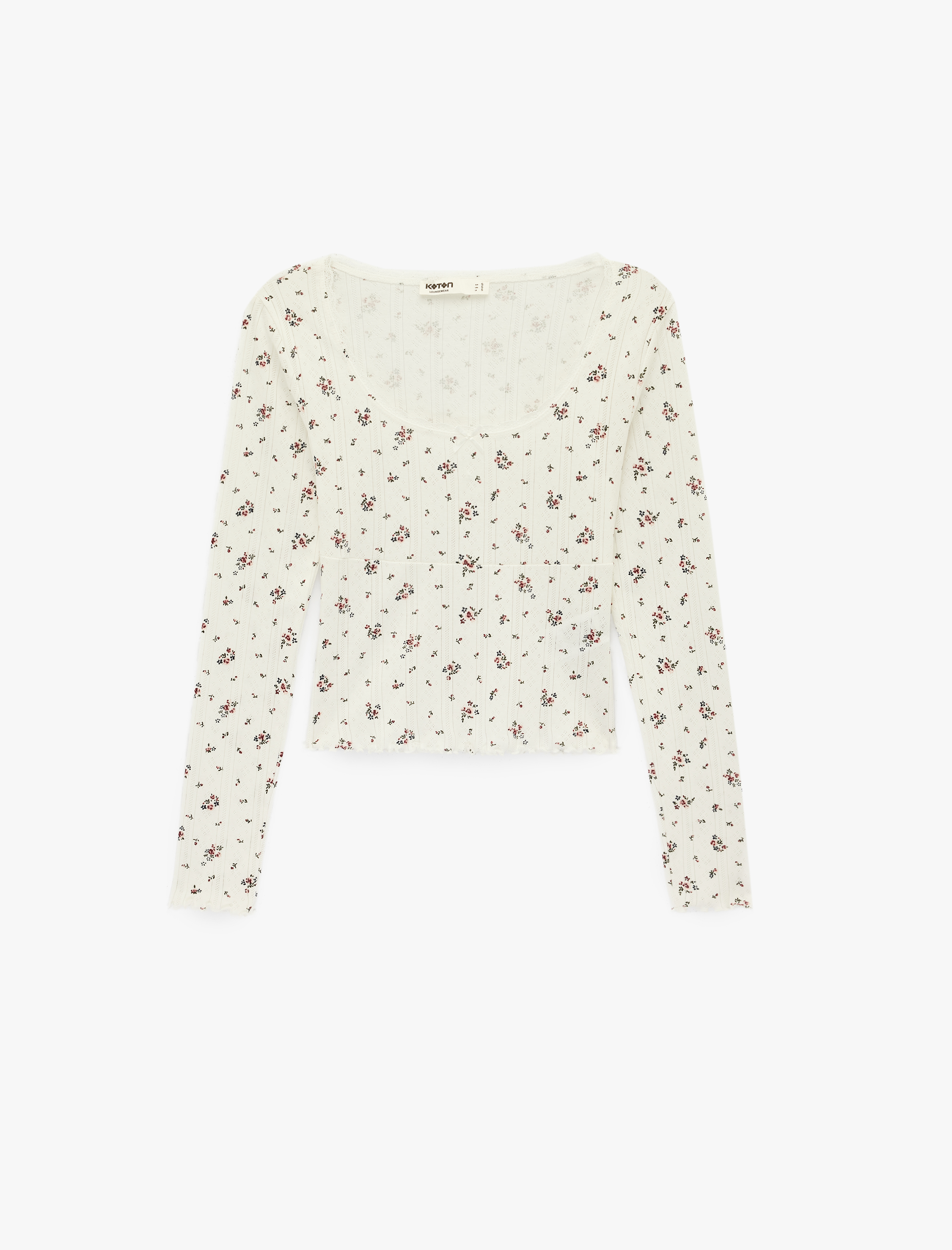   Uzun Kollu Slim Fit Kare Yaka Pamuklu Çiçekli Örme Crop Pijama Üstü