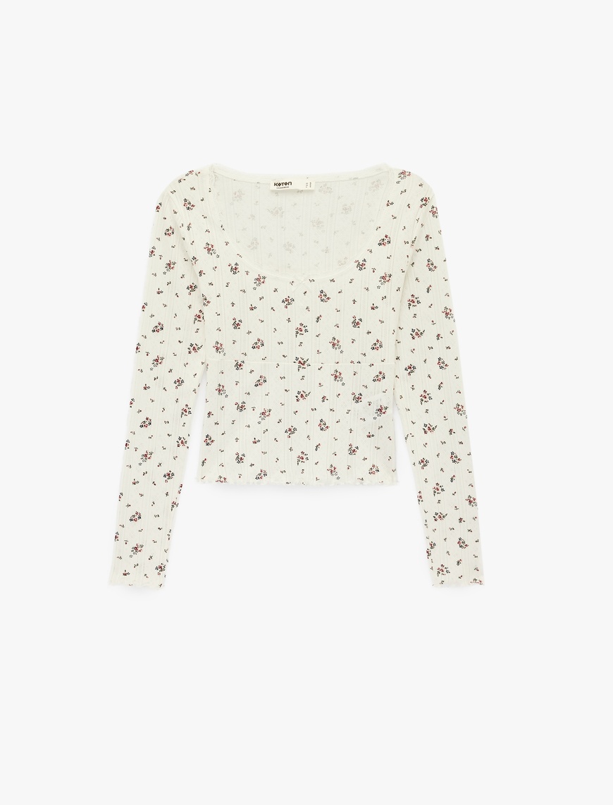 Koton Kadın Uzun Kollu Slim Fit Kare Yaka Pamuklu Çiçekli Örme Crop Pijama Üstü