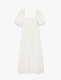 Pamuklu Kare Yaka Kısa Balon Kollu Midi Elbise